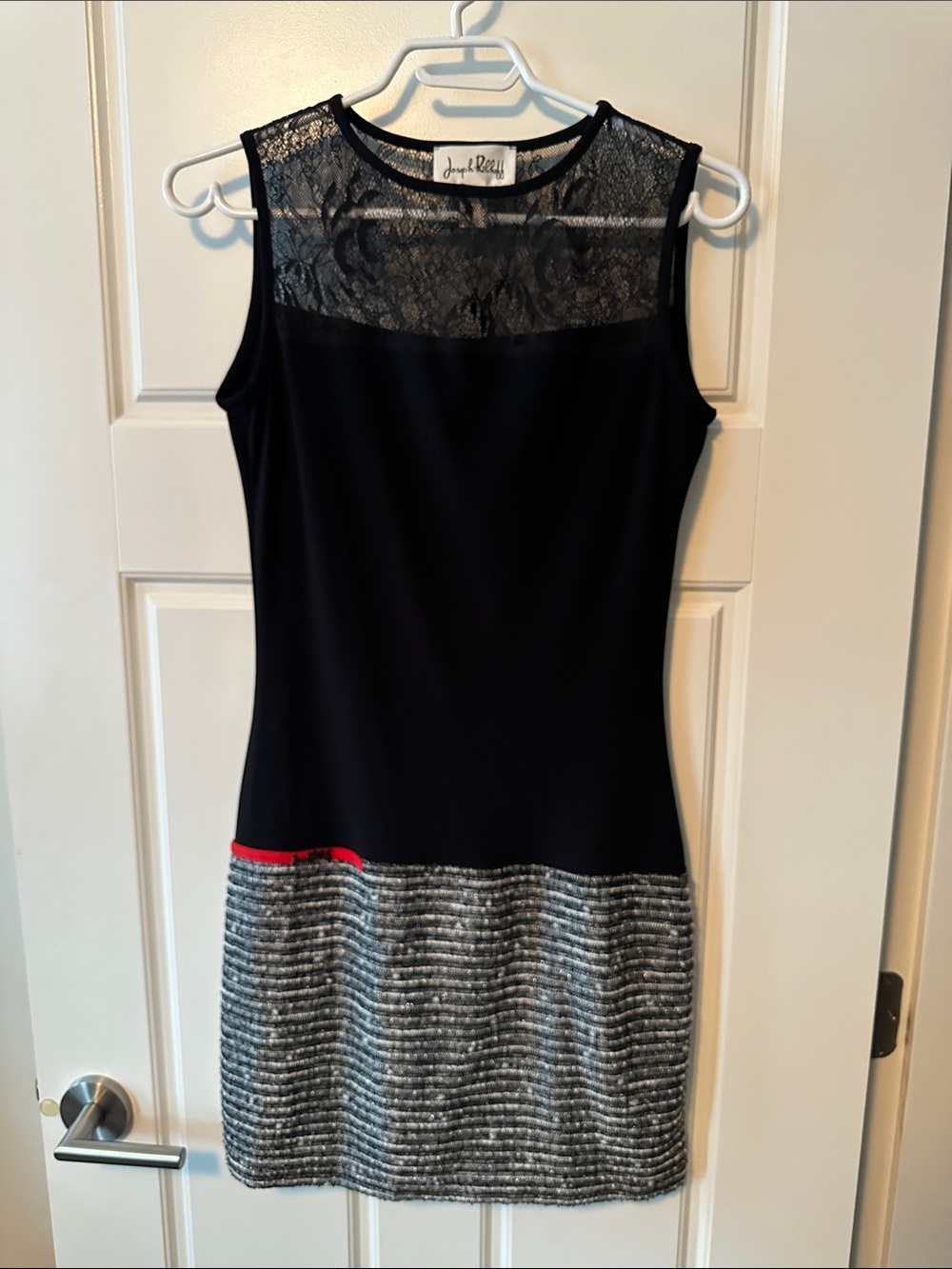 Joseph Ribkoff Black Lace-Yoke Sheath Dress with Gray Tweed Skirt and Red Trim